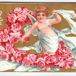 Carte postale Saint-Valentin Chérubin ange à rayures sur fond doré À mon vrai amour Allemagne