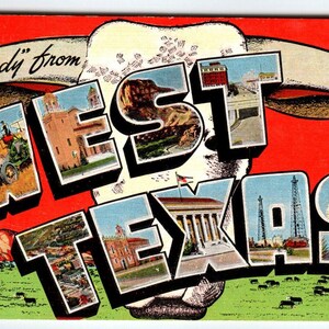 Carte postale en lin, grande lettre, Howdy From Greetings from West Texas, Kropp, corne de taureau