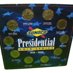 Sunoco, lot de 10 pièces de monnaie présidents des États-Unis différentes sur présentoir, carte de 2000 cadeau unique