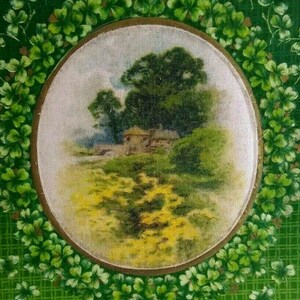 Carte postale de la Saint-Patrick en tissu ovale avec vue sur la campagne en relief vintage original cadeau unique