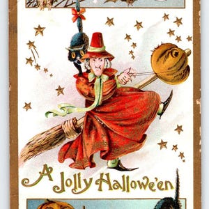 Halloween Postkarte 1910 Reihe Wichtel Hexe Schwarze Katze Sterne Fledermäuse Mond Eule 2040