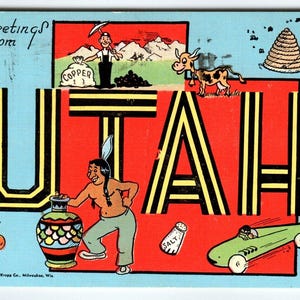 May include: A vintage postcard featuring the word "UTAH" in large, colourful letters. The postcard depicts various symbols of the state, including a Native American, a cow, a beehive, a miner, and a car. The text "Greetings from" is at the top of the postcard.