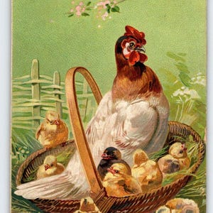 Ostern Postkarte Huhn Und Küken Weidenkorb Geprägtes Vintage 1915 Original