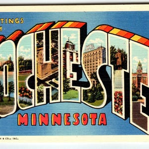 Salutations de Rochester Minnesota Grande grande carte postale lettre Curt Teich