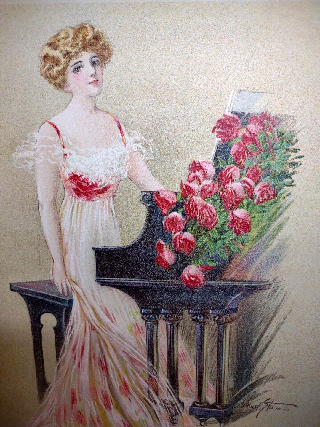 Victorian Art Print Women Musician Piano Player Roses Lithograph 1909 ...