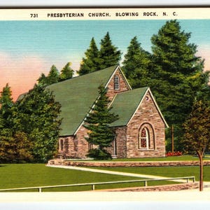 Carte postale en lin « Édifice de l'église presbytérienne Blowing Rock » vintage