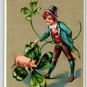 Carte postale de la Saint-Patrick, cochon de bonne fortune, garçon, trèfle, série 106, cadeau unique inutilisé