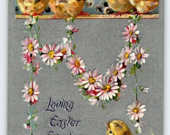 Oster Postkarte Tuck 1910's Baby Küken Blumen Geprägte Liebe Grüße