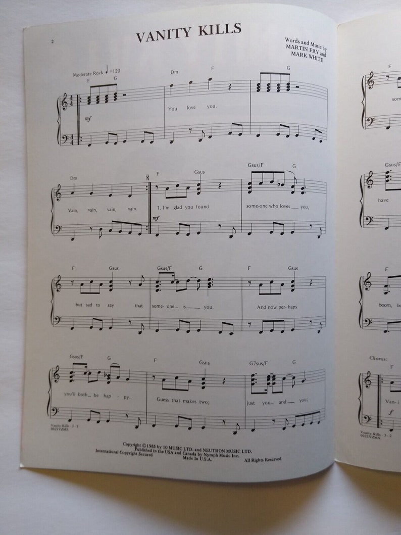 ABC Vanity Kills Sheet Music 1985 Synthpop Electronic Pop New Etsy