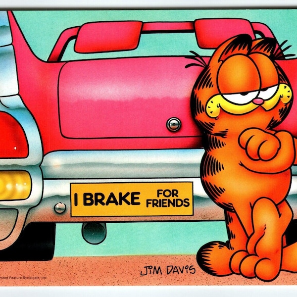 Garfield I Brake For Friends Old Car Postcard Jim Davis Comic Tabby Cat 1978 Unique Gift