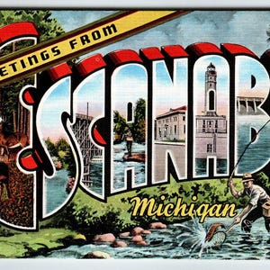 Salutations d'Escanaba Michigan grande lettre carte postale lin pêche à la mouche poisson cadeau unique