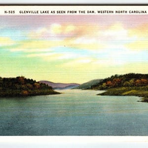 Vintage Carte postale en lin Glenville Lake vu du barrage ouest de la Caroline du Nord
