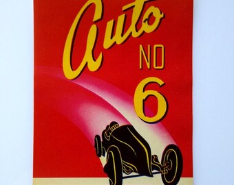 Vintage Auto Racing Lithograph, Unused Broom Label