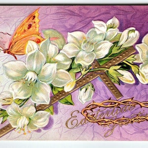Easter Postcard Embossed Butterfly Cross Series 6 Flowers Vintage Antique Unique Gift