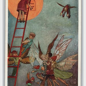 May include: Vintage illustration depicting children and fairies. A child climbs a red ladder towards a glowing moon. Other children and fairies with wings are in the sky. The text "The Key to the Moon" is at the bottom.