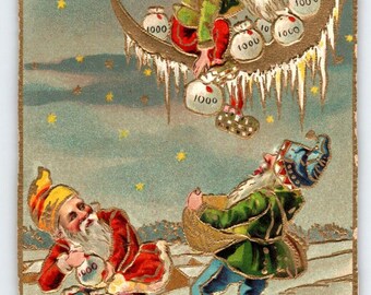 New Years Postcard 1900s Elves Gnome Dwarf Sits On Crescent Moon Money Bags Sled