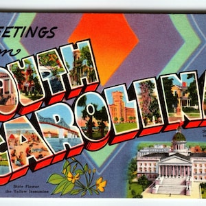 Carte postale vintage Salutations de Caroline du Sud Tichnor des années 1940 Linen State Capitol