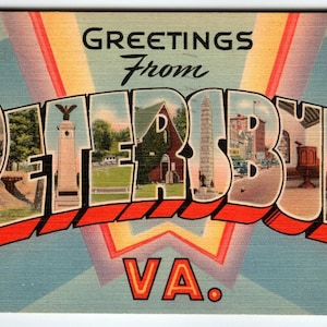 Carte postale des années 1940 Greetings From Petersburg, Virginie, grande lettre, lin 1948