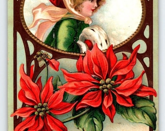 Carte postale de Noël victorienne fille portant un manchon chauffe-mains en relief 1910 Allemagne