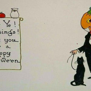 ハロウィンポストカード タキシード ゴブリン 男 黒猫 バーグマン 7035 未使用 ヴィンテージ オリジナル ユニーク ギフト