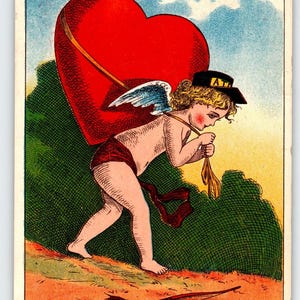 Carte postale de la Saint-Valentin 1911 Cupidon avec coeur géant Julius Bien série 3205 vintage