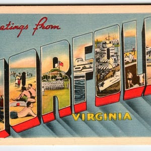 Salutations de Norfolk Virginie des années 40, grande lettre, carte postale en lin vintage VA