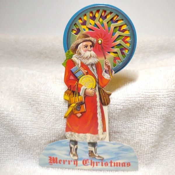 Santa Claus Diecut Spinning Moving Color Wheel PARASOL Stand Display Easel 1990 Unique Gift