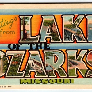 Carte postale vintage Greetings from Lake of the Ozarks Missouri – Grande lettre en lin