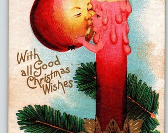 Christmas Postcard Fantasy Kissing Apple Candle With Human Face Anthropomorphic