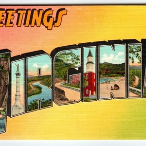 Carte postale vintage en lin, grande lettre, grande lettre, Greetings From Virginia, sans affectation