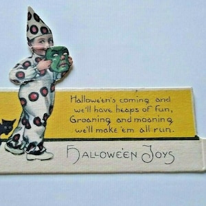 vintage Halloween carte de visite découpée garçon clown Nash étrange visage vert chat noir cadeau unique