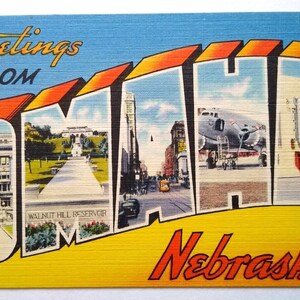 Carte postale de salutations d'Omaha, Nebraska, grande lettre, Tichnor, avion inutilisé, cadeau unique