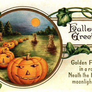 Carte postale d'Halloween Whitney Golden citrouilles d'affilée pleine lune lueur fantaisie RARE