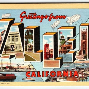 Carte postale en lin, grande lettre, Vallejo, Californie des années 40, Curt Teich