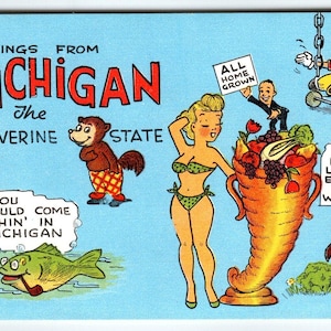 Carte postale Salutations du Michigan The Wolverine State Smokey The Bear Fish H Dean