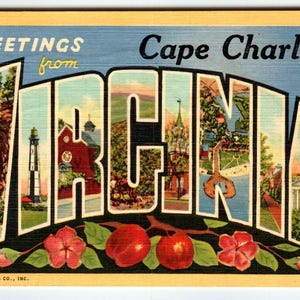 Carte postale en lin avec grande lettre, Virginia, Greetings from Cape Charles, vintage 1953