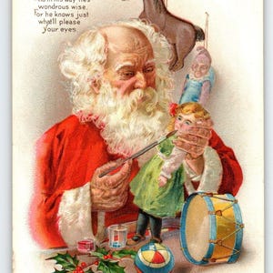 Père Noël sans chapeau Carte postale de Noël Peinture Toy Doll 1915 C-147