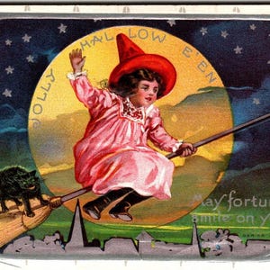 Carte postale Halloween Fortune avec bordure argentée, balai de sorcière, toile d'araignée, grande lune, chat noir