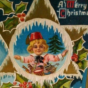 Carte postale de Noël victorienne enfant Fès chapeau étoile lions dos M L Jackson en relief cadeau unique