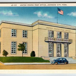 Bâtiment du bureau de poste Johnson City Tennessee Carte postale vieille voiture Auto Linge de maison sans affichage Cadeau unique