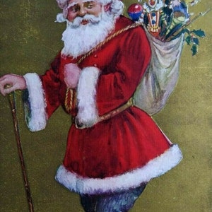 Santa Claus With Walking Stick Vintage Christmas Postcard Series 350 Gold 1909 Unique Gift