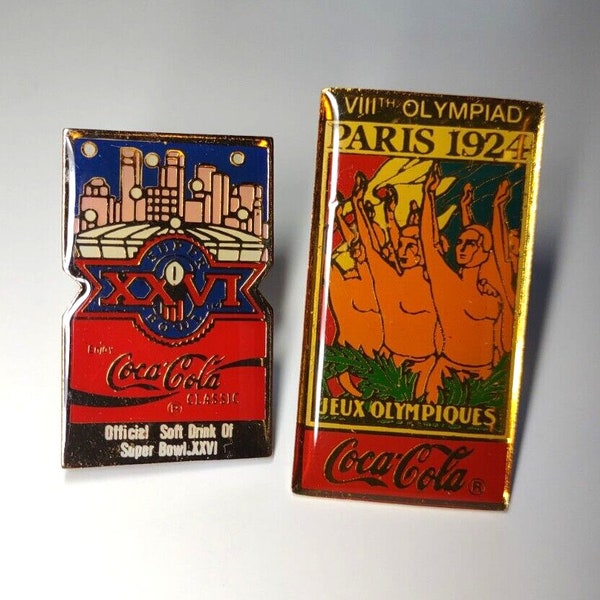 Coca Cola Enamel Badges Set Of 2 Paris VIII Olympiad & Super Bowl XXVI 1990 Unique Gift