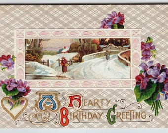 Vintage Embossed Birthday Postcard Scenic Winter Scene Floral Design