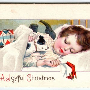 Christmas Postcard Child Sleeping Spotted Dog Jester Toy Stecher Series 731 D