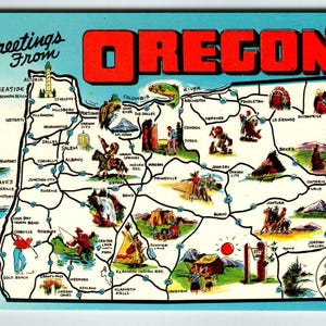 Postcard Greetings From Oregon Map Chrome State Flower Grape Boat Bikini Girl
