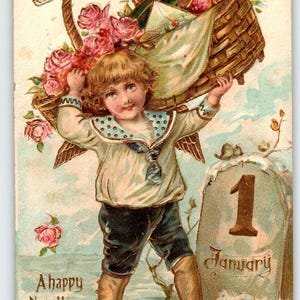 Carte postale du nouvel an enfant tenant un panier-cadeau géant Otto Schloss 971 en relief 1907