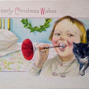 Weihnachtspostkarte Kind bläst Horn Schwarzweiß Kätzchen Katze Stecher 338 C