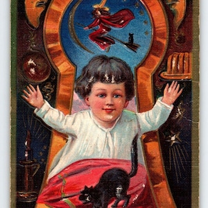 Halloween Postkarte Girl At Keyhole Fantasy Hexe Katze Mond Gesichter Nash Series 3