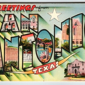 Carte postale en lin grande lettre, Grandes lettres de San Antonio, Texas, Metropolitan 1949, cadeau unique