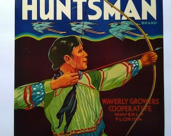 Huntsman Brand Obstkiste Etikett Original 1940er Jahre Kräne Bogen & Pfeil Waverly FL Einzigartiges Geschenk